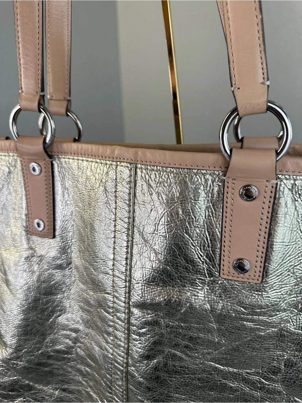 Coach Metro Tote Bag Crinkled Metallic Textured Purse & Matching Wristlet